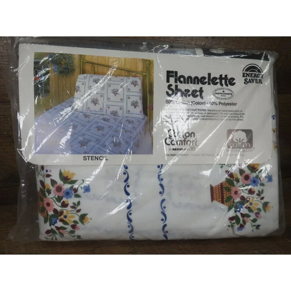 Vintage Cotton Comfort by BIBB Flannelette Stencil Double Fitted Sheet Embassy